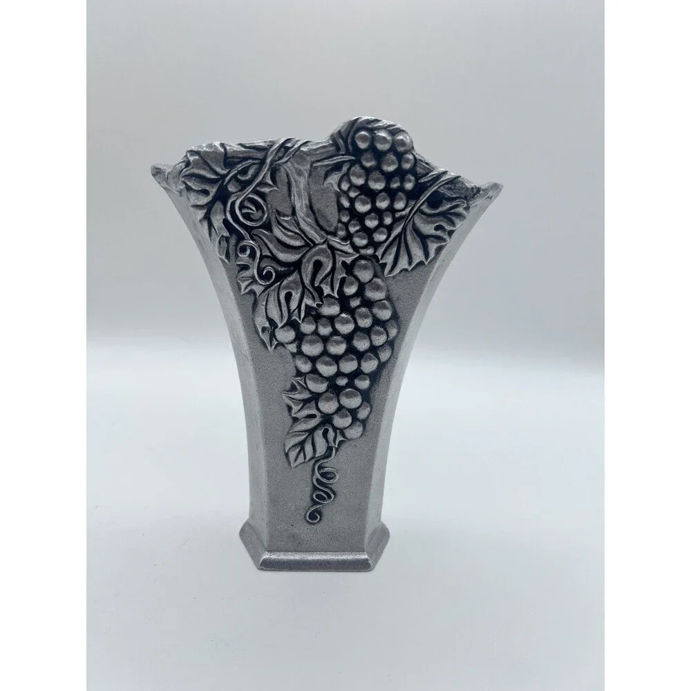 Silver Tone Metal Textured Heavy Fan Shaped Vase Vineyard Grape Pattern, 8”